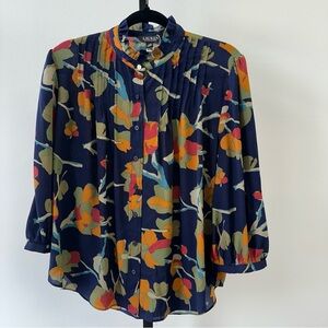 Lauren Ralph Lauren Navy Floral Pleated Blouse Size L